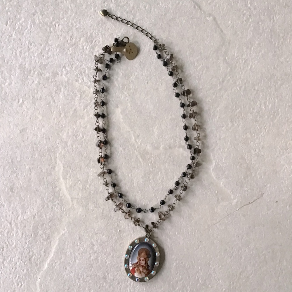 Black and Silver Beaded Necklace with Portrait Pendant